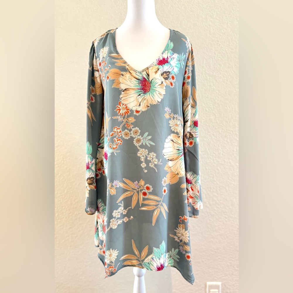 Design Lab Lord & Taylor Floral Tunic Dress | Blue Gray | Medium | NWOT